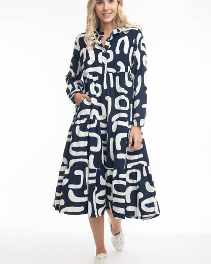Navy white  bold print with pockets midi length dress