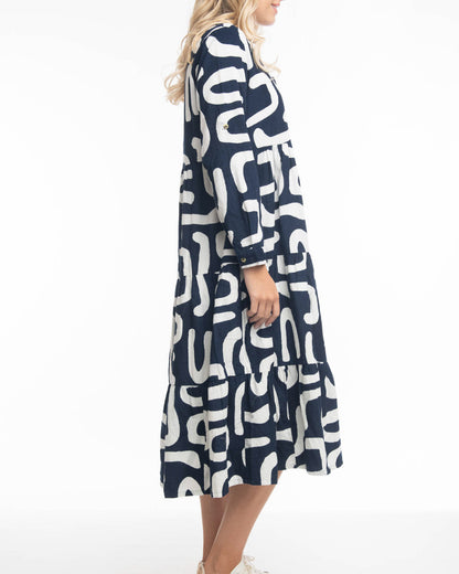 Printed Cord Maxi Dress With Collar