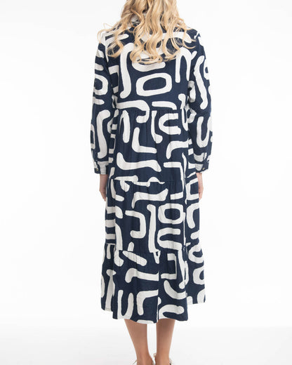 Printed Cord Maxi Dress With Collar