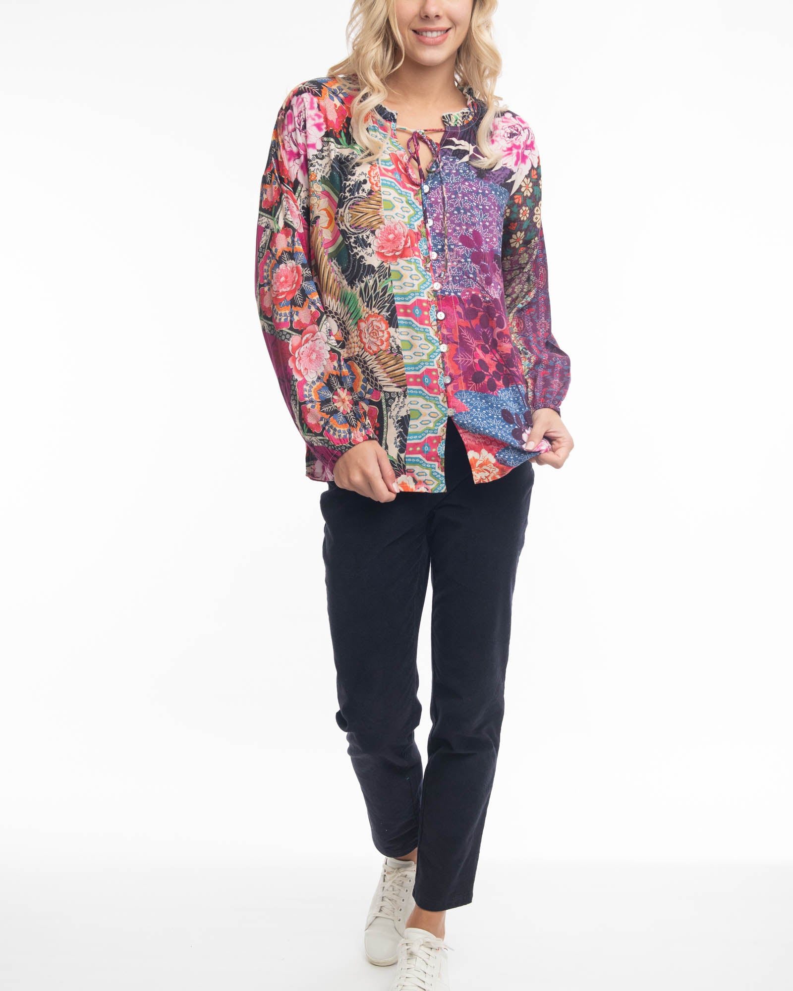 Pink colourful button up blouse orientique neck bow