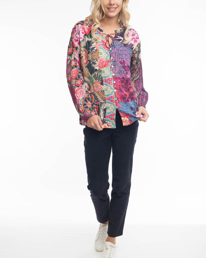 Pink colourful button up blouse orientique neck bow