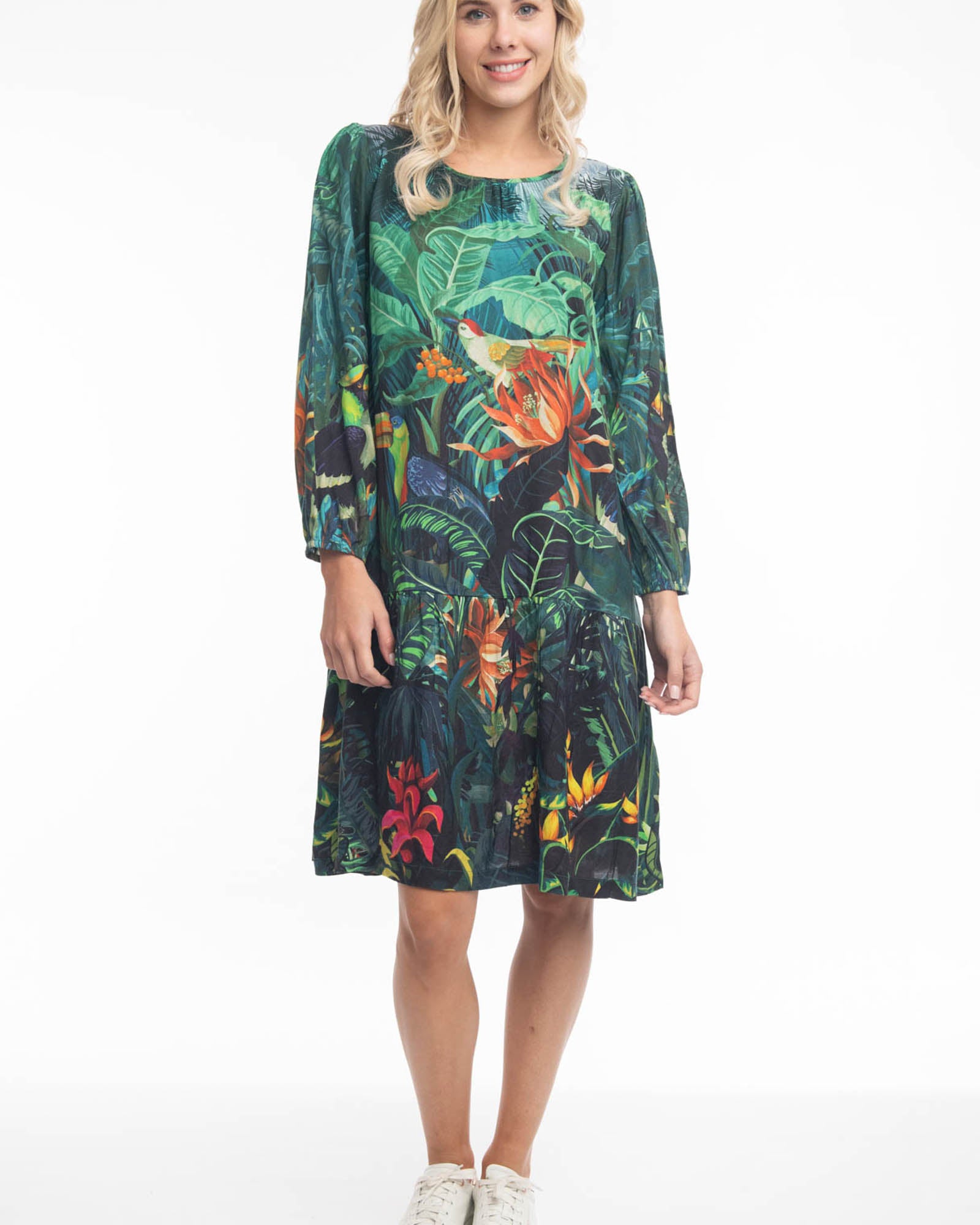 Jungle Print long sleeve dress green birds leaves