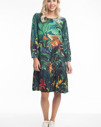 Jungle Print long sleeve dress green birds leaves