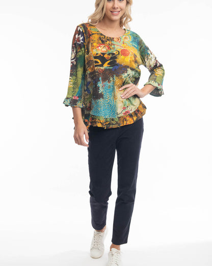 Mustard print top with frill sleeve frill hem frill