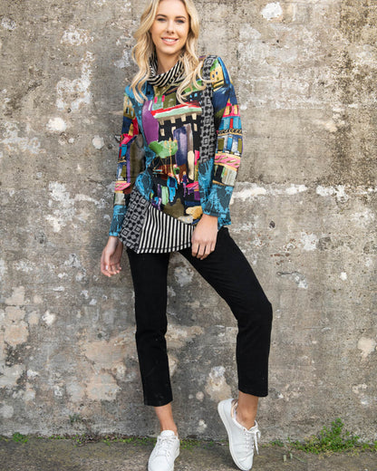 Asymmetric tunic madame butterfly bold print
