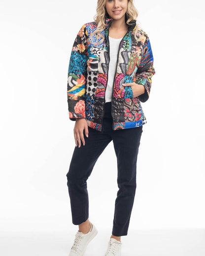 Reversible puffer jacket black one side print carmen other, front zip