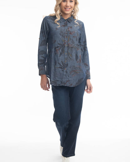 Denim print floral shirt gathered waist