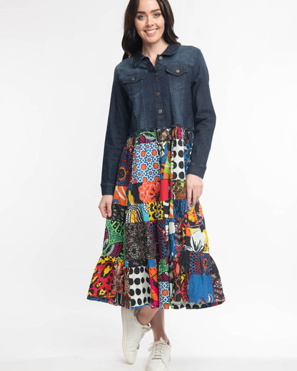 Denim jacket dress bold bright print