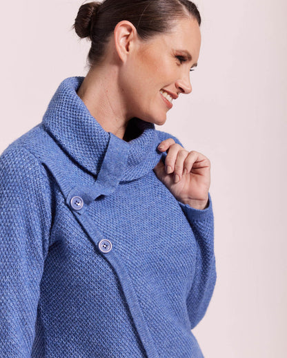 Blue cowl neck sweater knitted