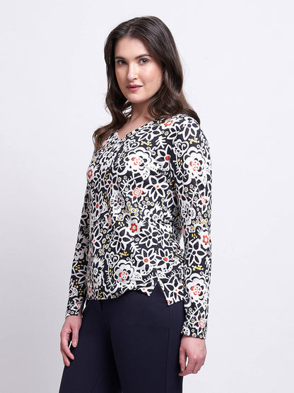Long sleeve black white print top